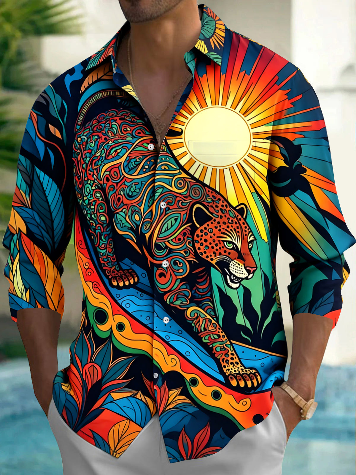 Adaychic Men's Hawaiian Colorful Leopard Print Long Sleeve Shirt with Chest Pocket