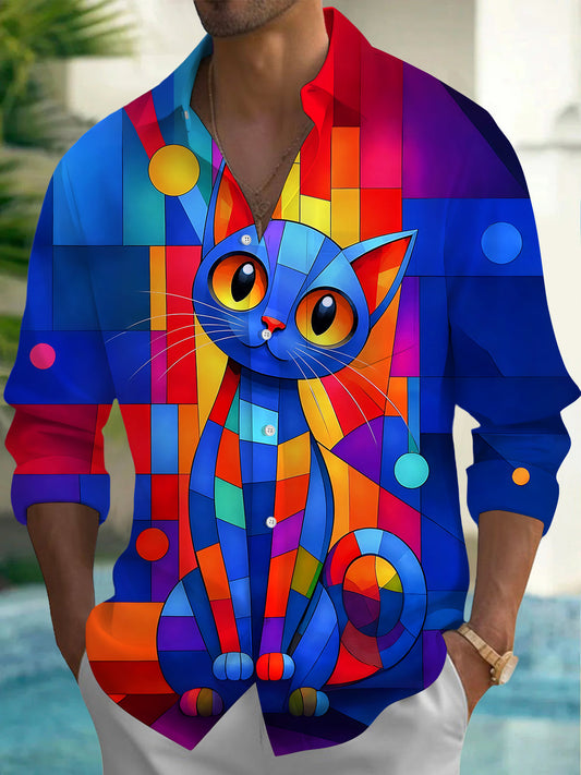 Adaychic Men's Graphic Geometric Cat Print Long Sleeve Shirt with Chest Pocket