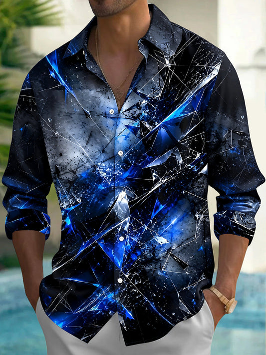 Adaychic Men's Abstract Shattered Glass Effect Print Long Sleeve Shirt with Chest Pocket