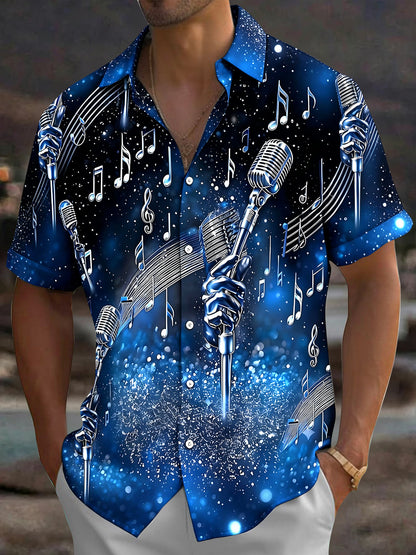 Adaychic Men's Graphic Microphone Print Short Sleeve Shirt with Chest Pocket