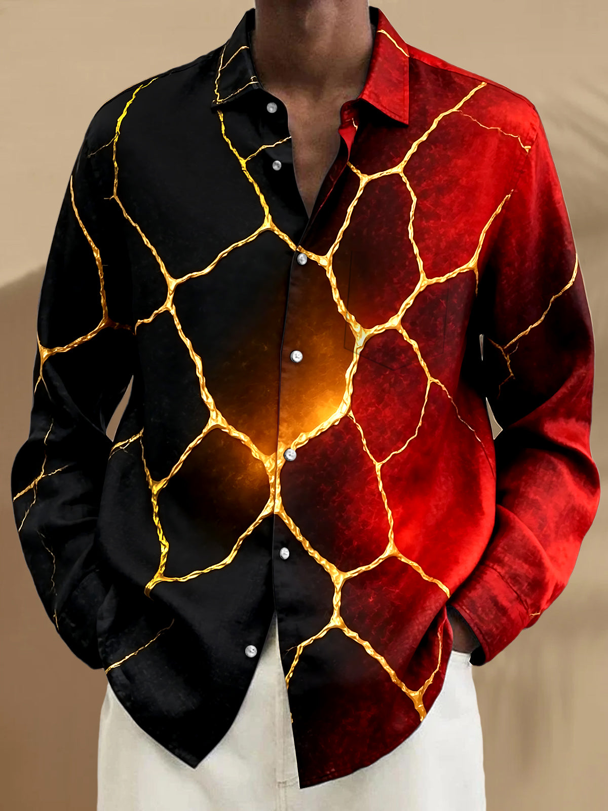Adaychic Men's Patterned Cracked Lava Pattern Long Sleeve Shirt with Chest Pocket