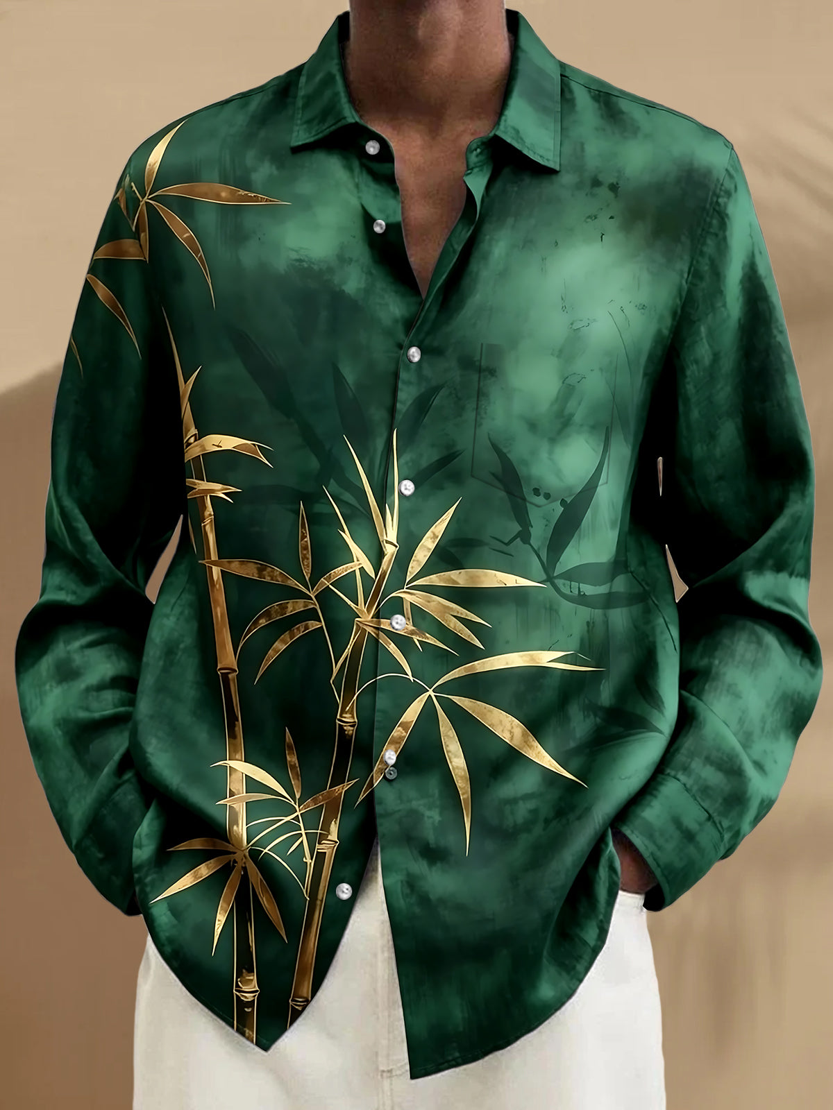 Adaychic Men's Tropical Gold Bamboo Print Long Sleeve Shirt with Chest Pocket