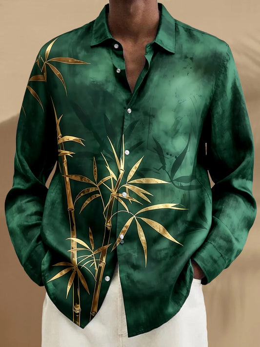 Adaychic Men's Tropical Gold Bamboo Print Long Sleeve Shirt with Chest Pocket