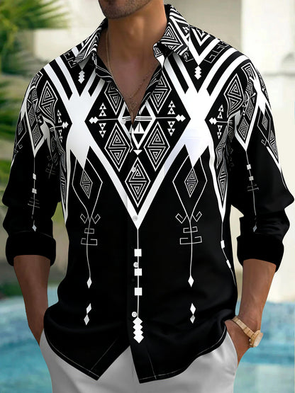 Adaychic Men's Patterned Black And White Geometric Print Long Sleeve Shirt with Chest Pocket