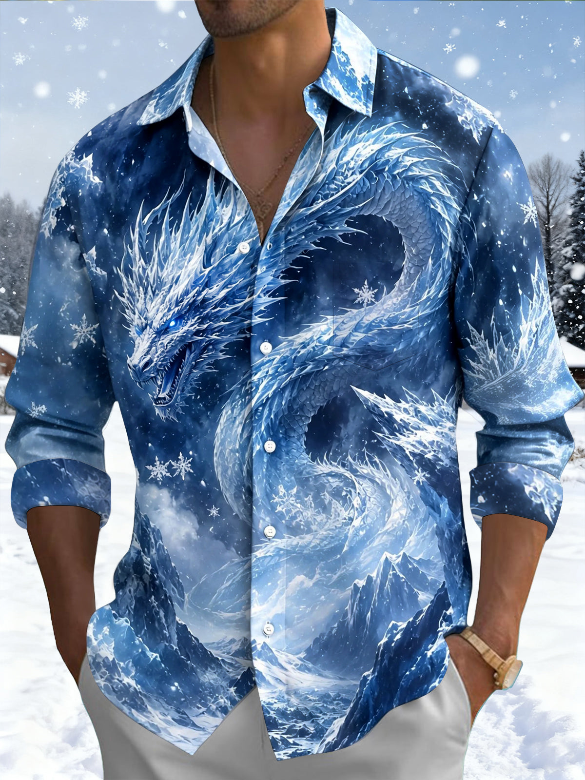 Adaychic Men's Graphic Ice Dragon Print Snowflake Pattern Long Sleeve Shirt with Chest Pocket