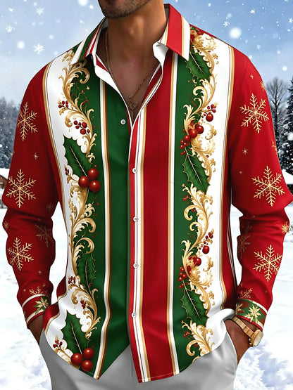 Adaychic Men's Printed Christmas Snowflakes Print Long Sleeve Shirt with Chest Pocket
