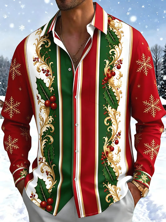 Adaychic Men's Printed Christmas Snowflakes Print Long Sleeve Shirt with Chest Pocket