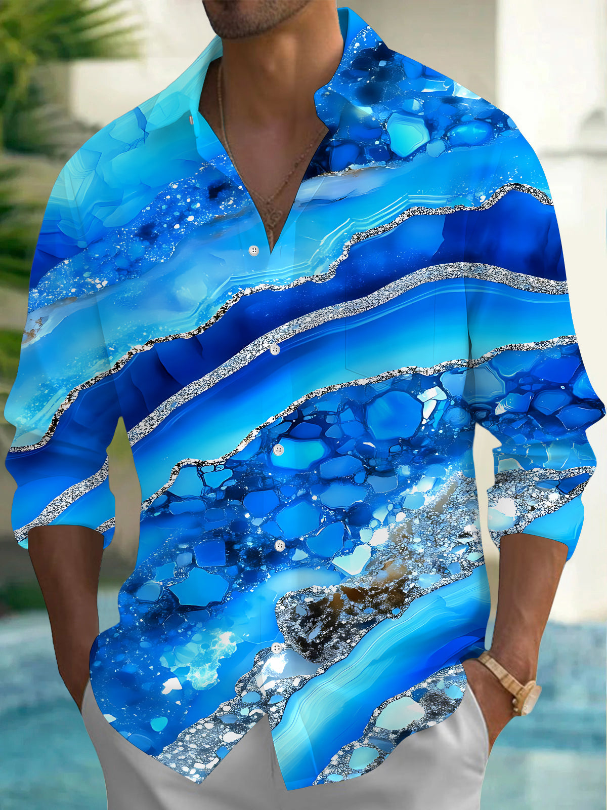 Adaychic Men's Printed Blue Agate Stone Pattern Long Sleeve Shirt with Chest Pocket