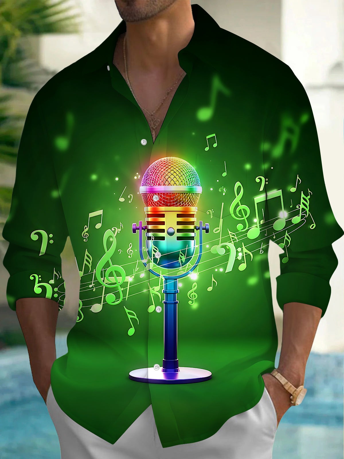 Adaychic Men's Graphic Rainbow Microphone Print Long Sleeve Shirt with Chest Pocket