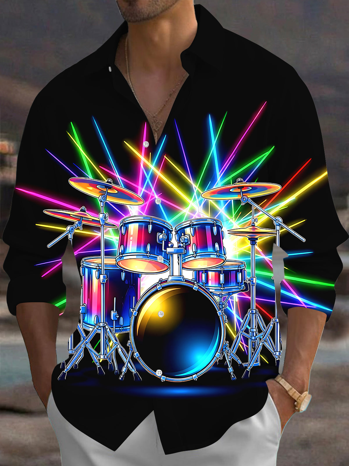 Adaychic Men's Graphic Neon Drum Set Print Long Sleeve Shirt with Chest Pocket