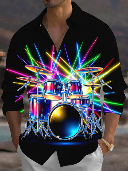 Adaychic Men's Graphic Neon Drum Set Print Long Sleeve Shirt with Chest Pocket