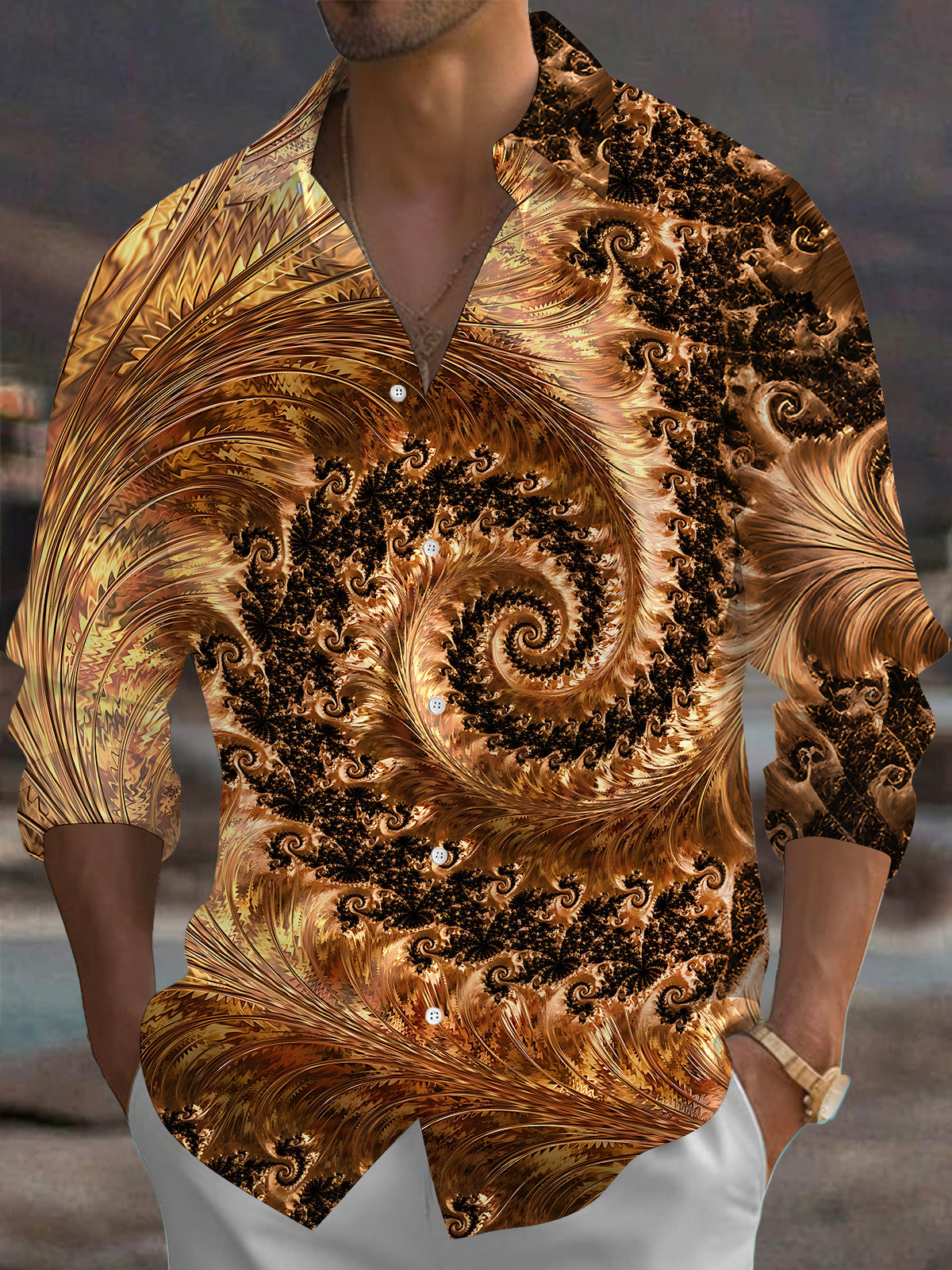Adaychic Men's Patterned Fractal Spiral Design Print Long Sleeve Shirt with Chest Pocket