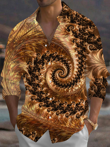 Adaychic Men's Patterned Fractal Spiral Design Print Long Sleeve Shirt with Chest Pocket