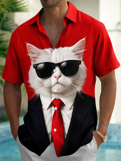 Adaychic Men's Graphic Cat In Suit And Sunglasses Print Short Sleeve Shirt with Chest Pocket