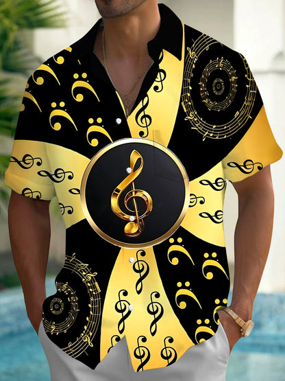 Adaychic Men's Hawaiian Musical Notes Print Short Sleeve Shirt with Chest Pocket