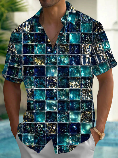 Adaychic Men's Printed Geometric Tile Pattern Short Sleeve Shirt with Chest Pocket