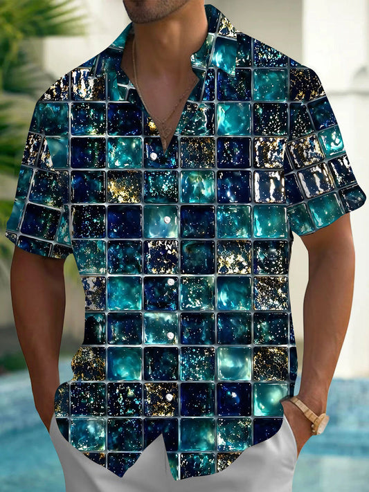 Adaychic Men's Printed Geometric Tile Pattern Short Sleeve Shirt with Chest Pocket