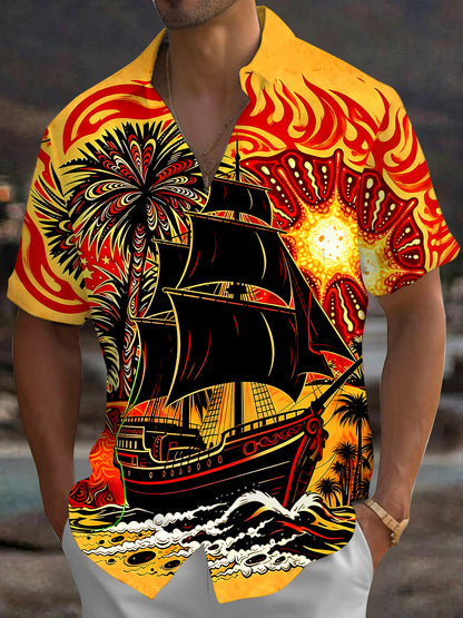 Adaychic Men's Hawaiian Pirate Ship Print Palm Tree Print Short Sleeve Shirt with Chest Pocket