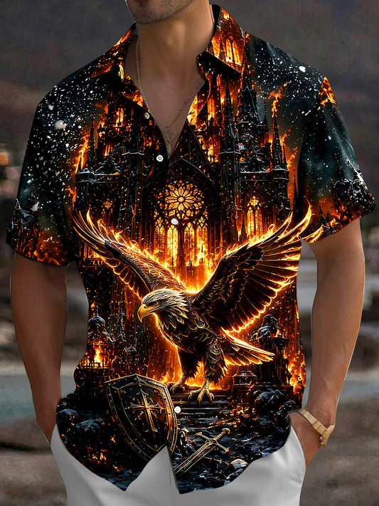 Adaychic Men's Graphic Eagle Print Gothic Cathedral Print Short Sleeve Shirt with Chest Pocket