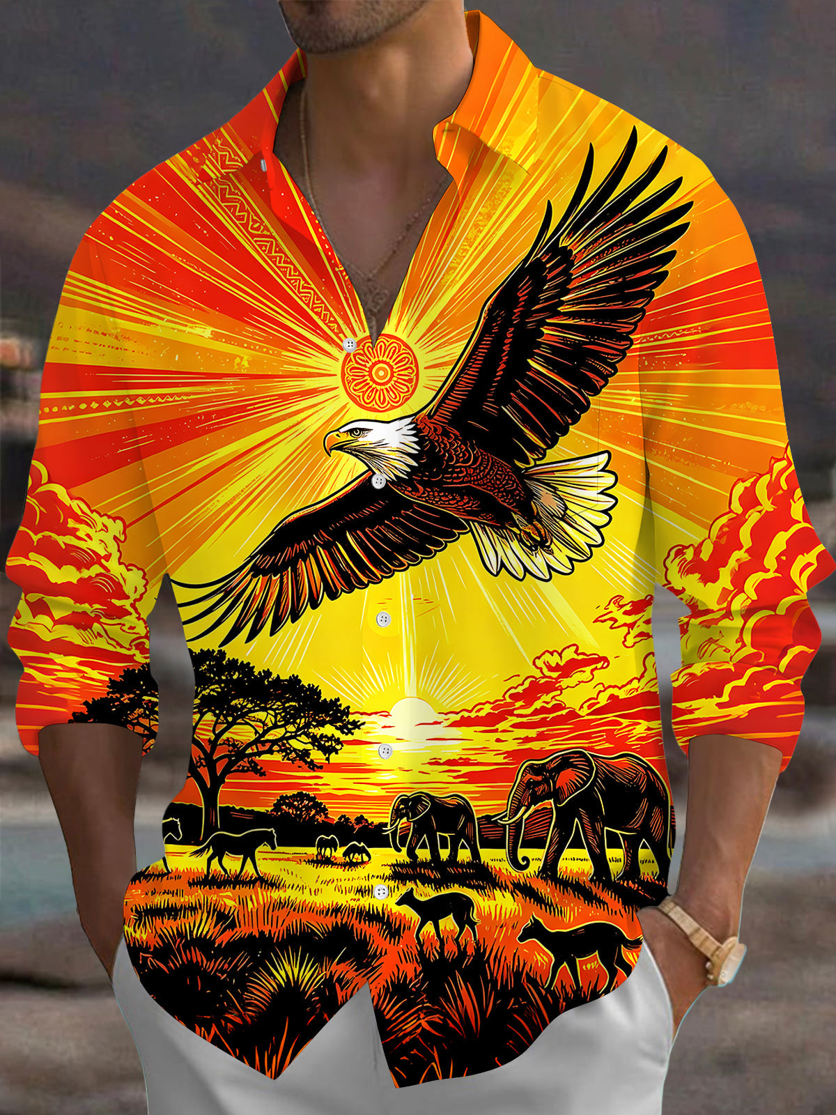 Adaychic Men's Vintage Style Bald Eagle Print Long Sleeve Shirt with Chest Pocket