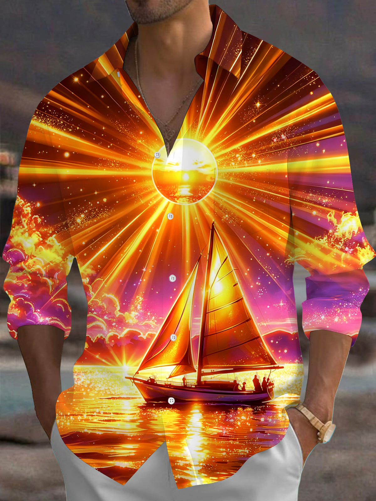 Adaychic Men's Printed Sailboat Sunset Print Long Sleeve Shirt with Chest Pocket