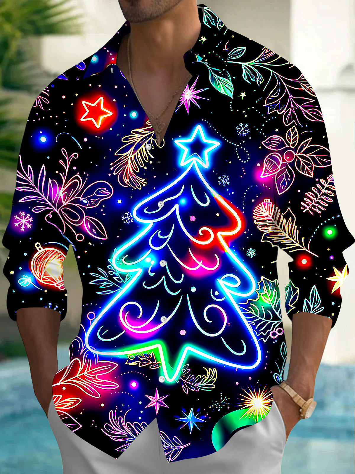 Adaychic Men's Graphic Neon Christmas Tree Print Long Sleeve Shirt with Chest Pocket