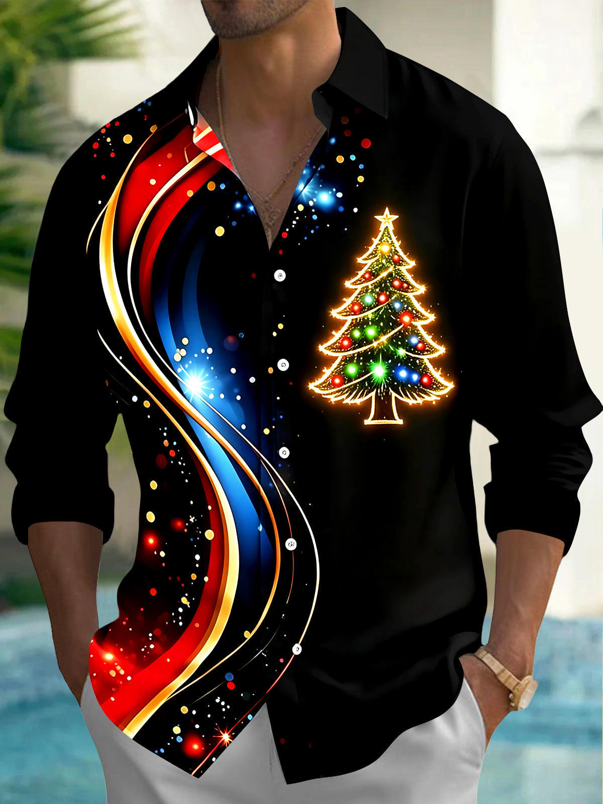 Adaychic Men's Graphic Christmas Tree Print Long Sleeve Shirt with Chest Pocket