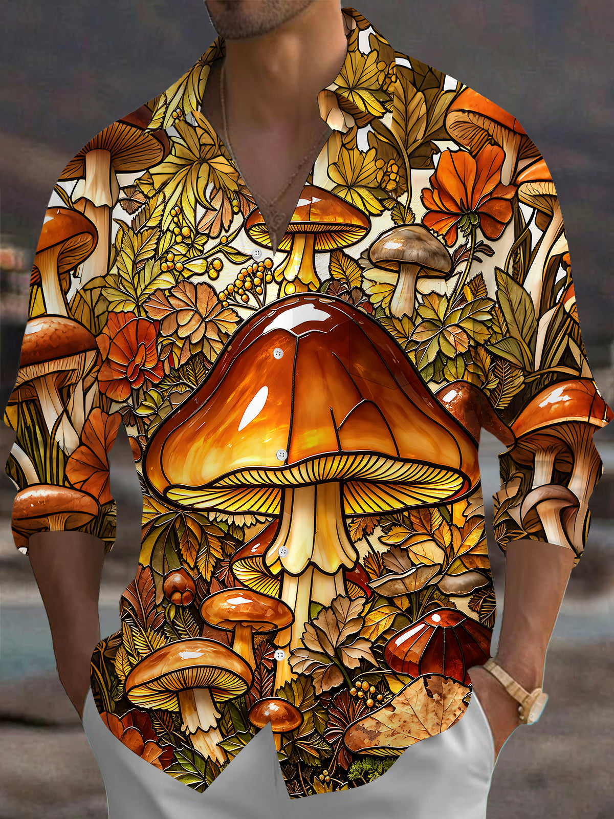 Adaychic Men's Printed Mushroom Forest Print Long Sleeve Shirt with Chest Pocket