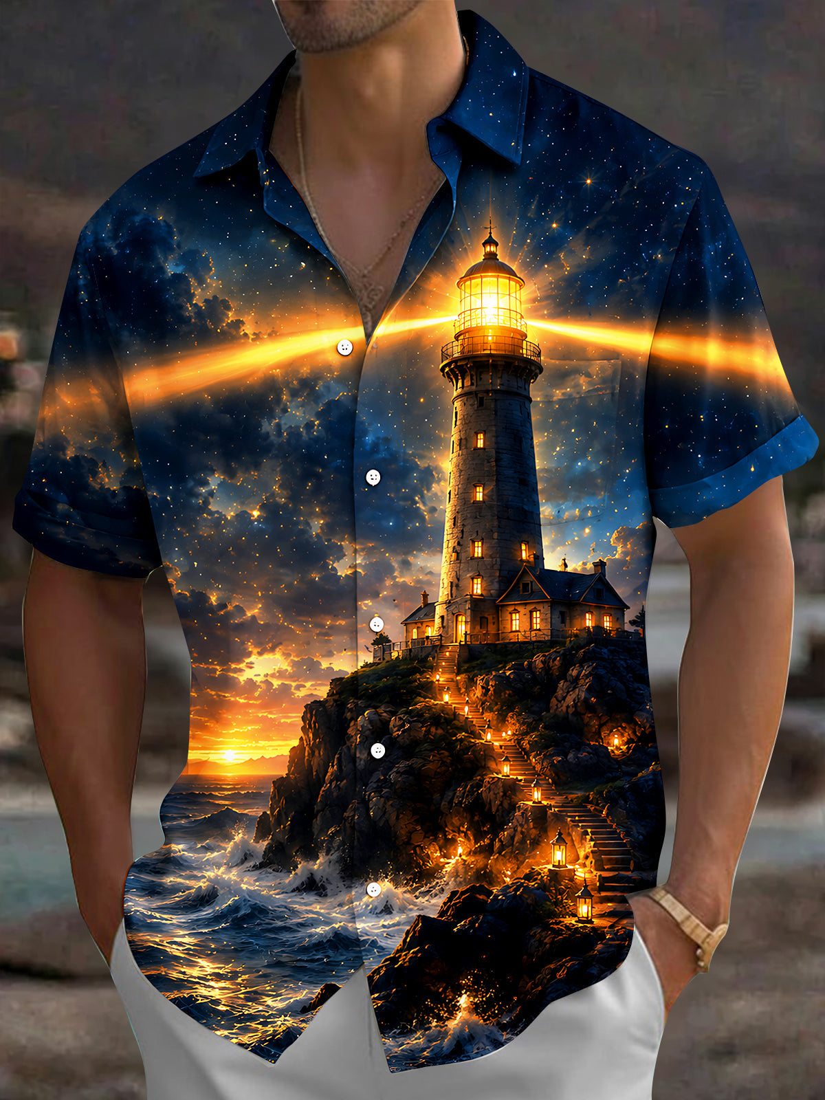 Adaychic Men's Hawaiian Lighthouse Night Scene Print Short Sleeve Shirt with Chest Pocket