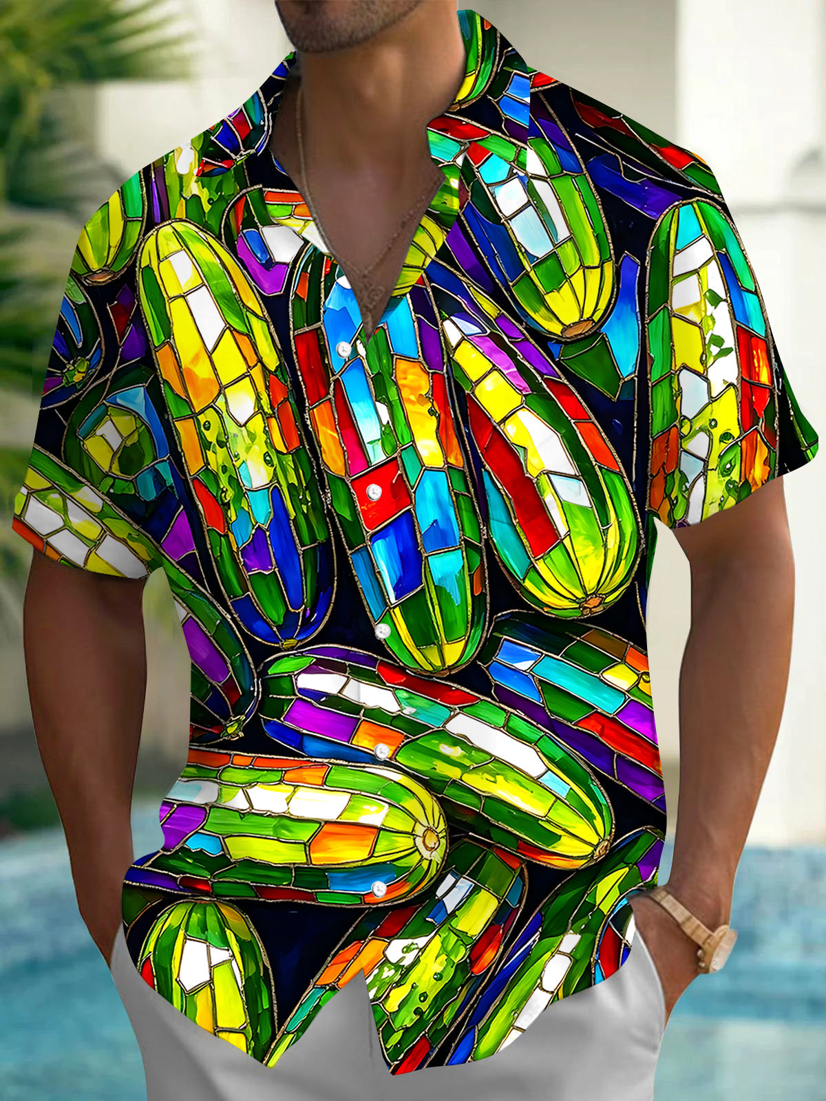 Adaychic Men's Hawaiian Stained Glass Cucumber Pattern Short Sleeve Shirt with Chest Pocket