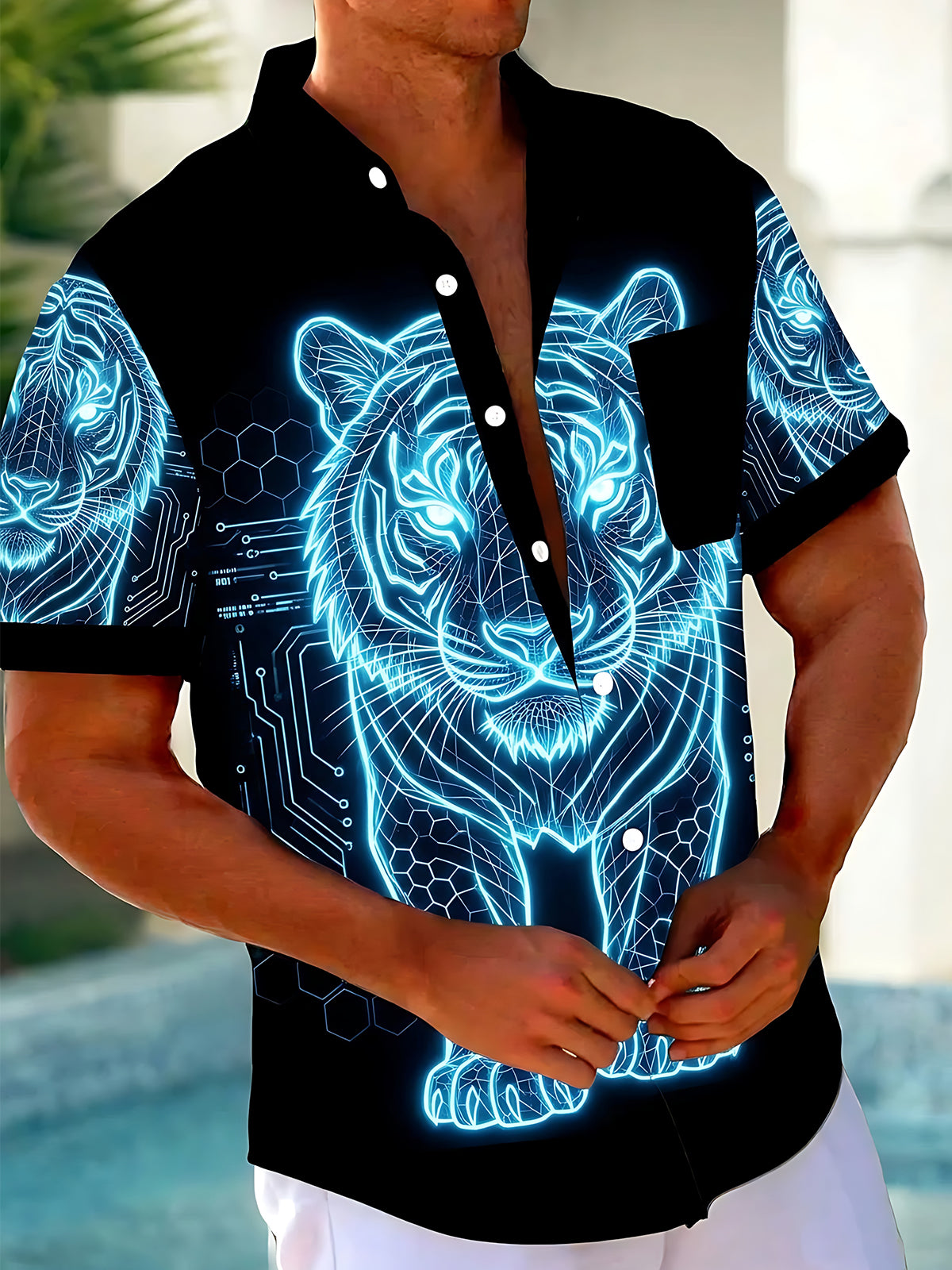 Adaychic Men's Graphic Neon Tiger Print Short Sleeve Shirt with Chest Pocket