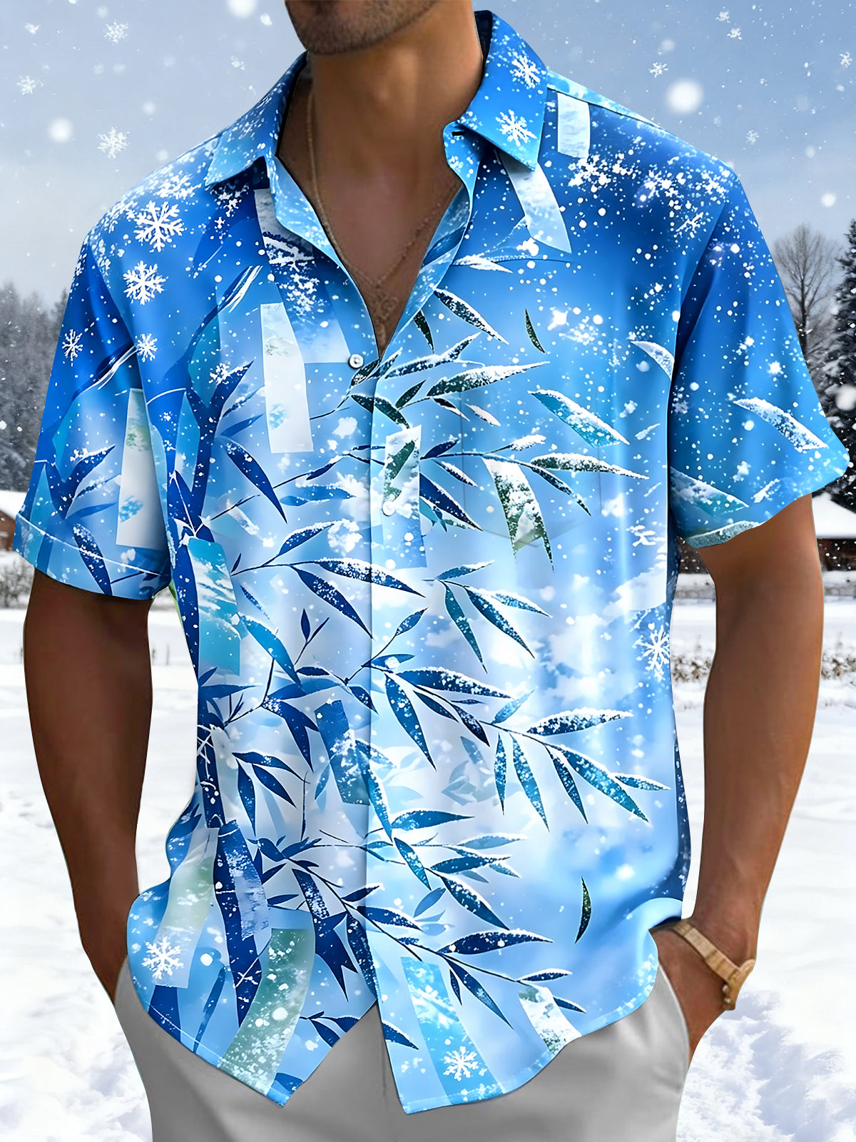 Adaychic Men's Hawaiian Snowflake Pattern Short Sleeve Shirt with Chest Pocket