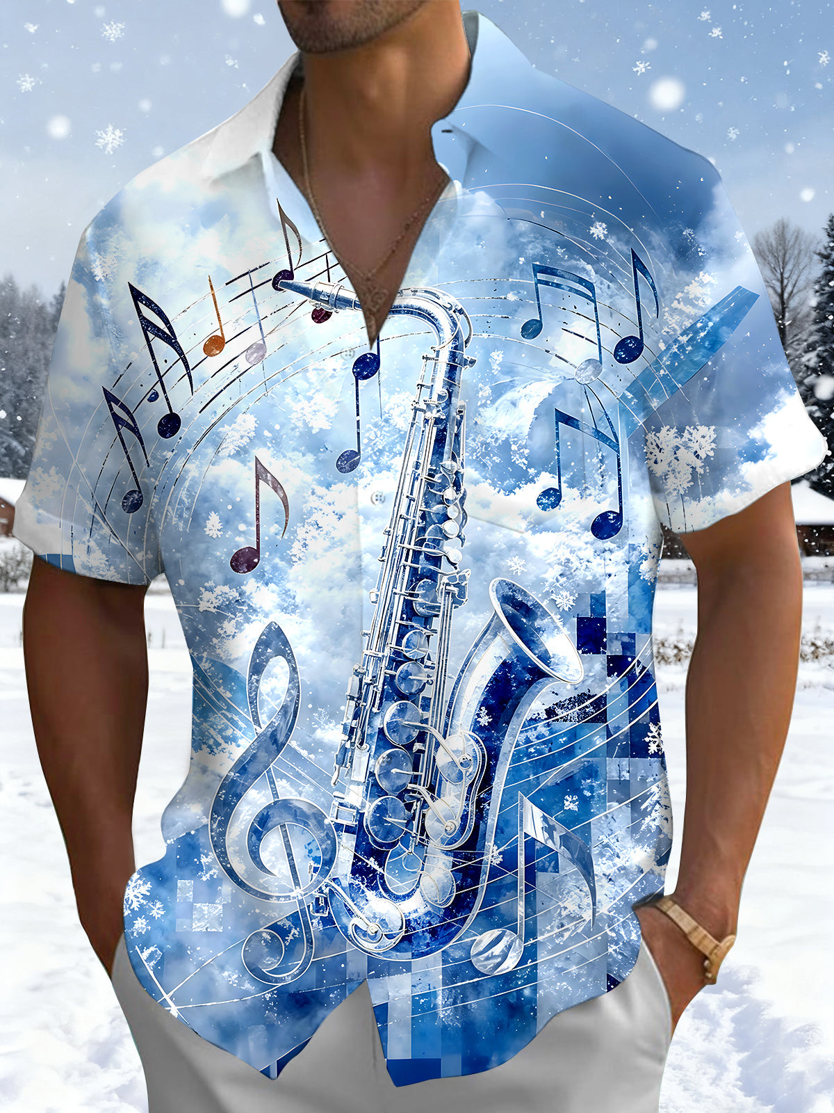 Adaychic Men's Printed Saxophone Print Musical Notes Print Short Sleeve Shirt with Chest Pocket