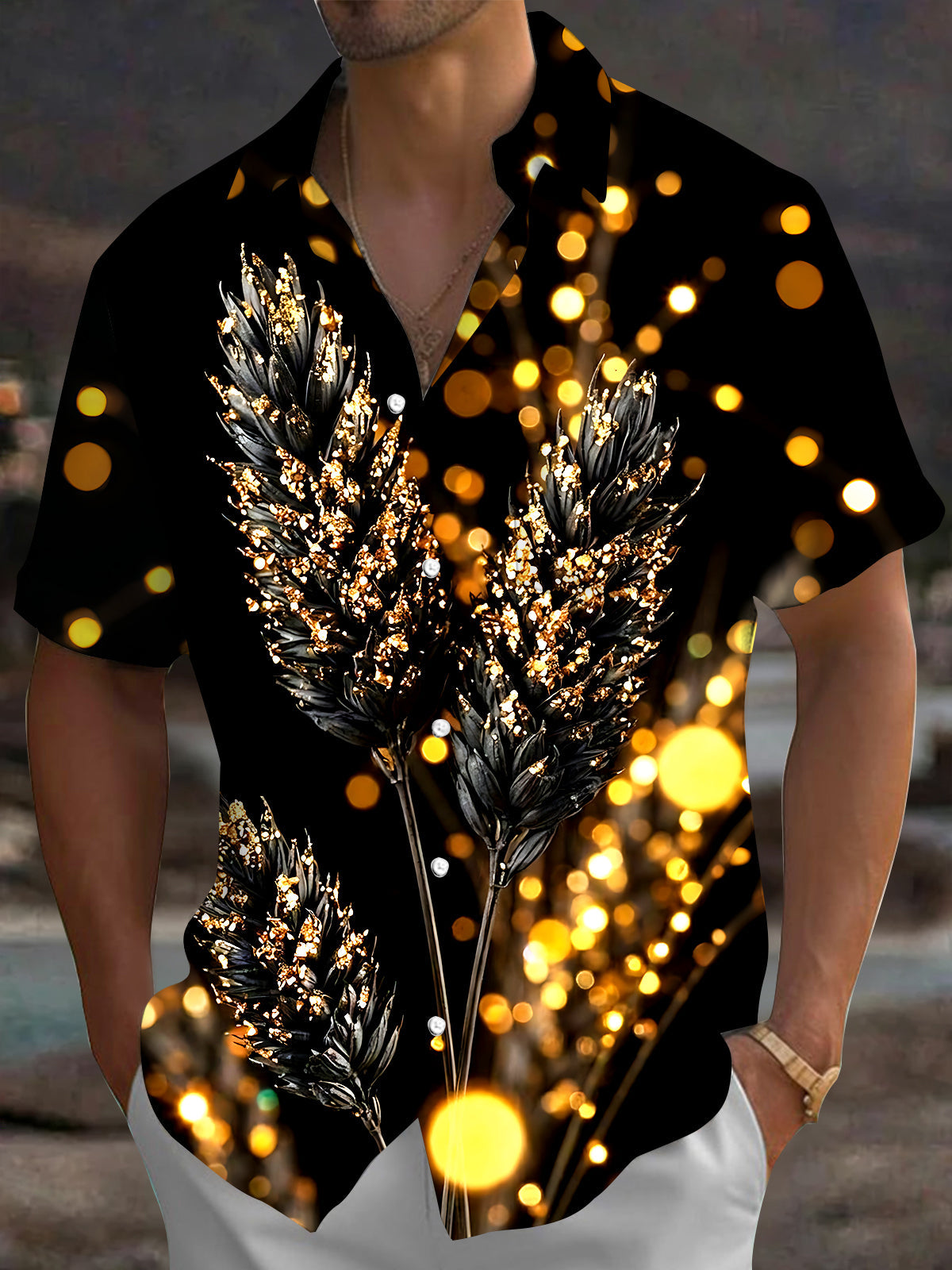 Adaychic Men's Graphic Golden Wheat Ears Print Short Sleeve Shirt with Chest Pocket