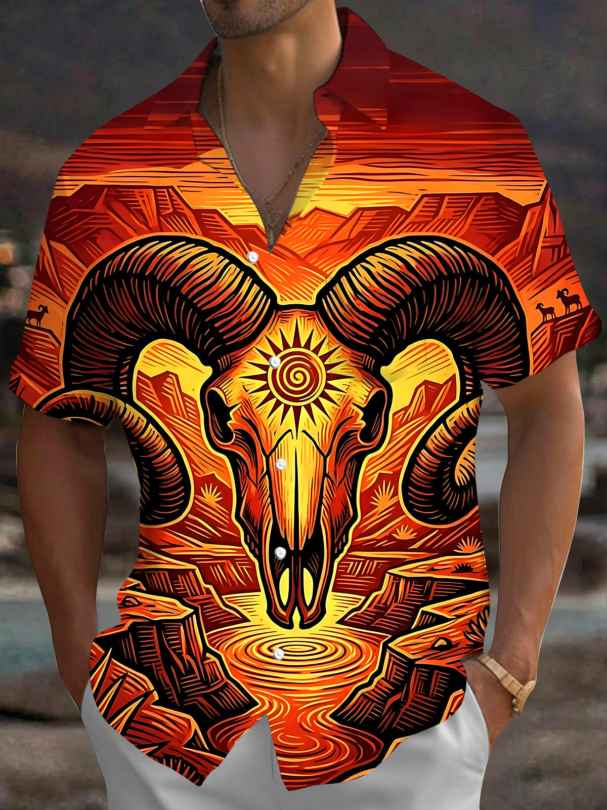 Adaychic Men's Hawaiian Goat Skull Print Short Sleeve Shirt with Chest Pocket