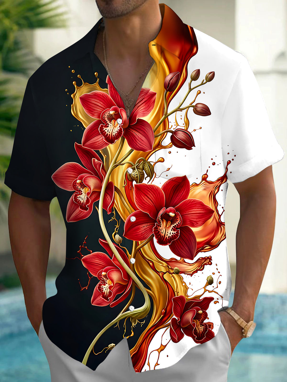 Adaychic Men's Floral Red Orchid Flowers Print Short Sleeve Shirt with Chest Pocket