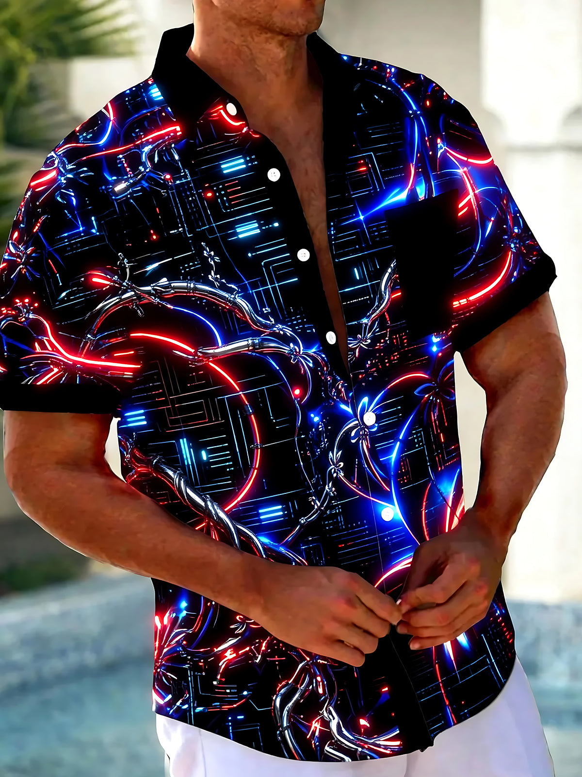 Adaychic Men's Patterned Neon Circuit Lines Print Short Sleeve Shirt with Chest Pocket