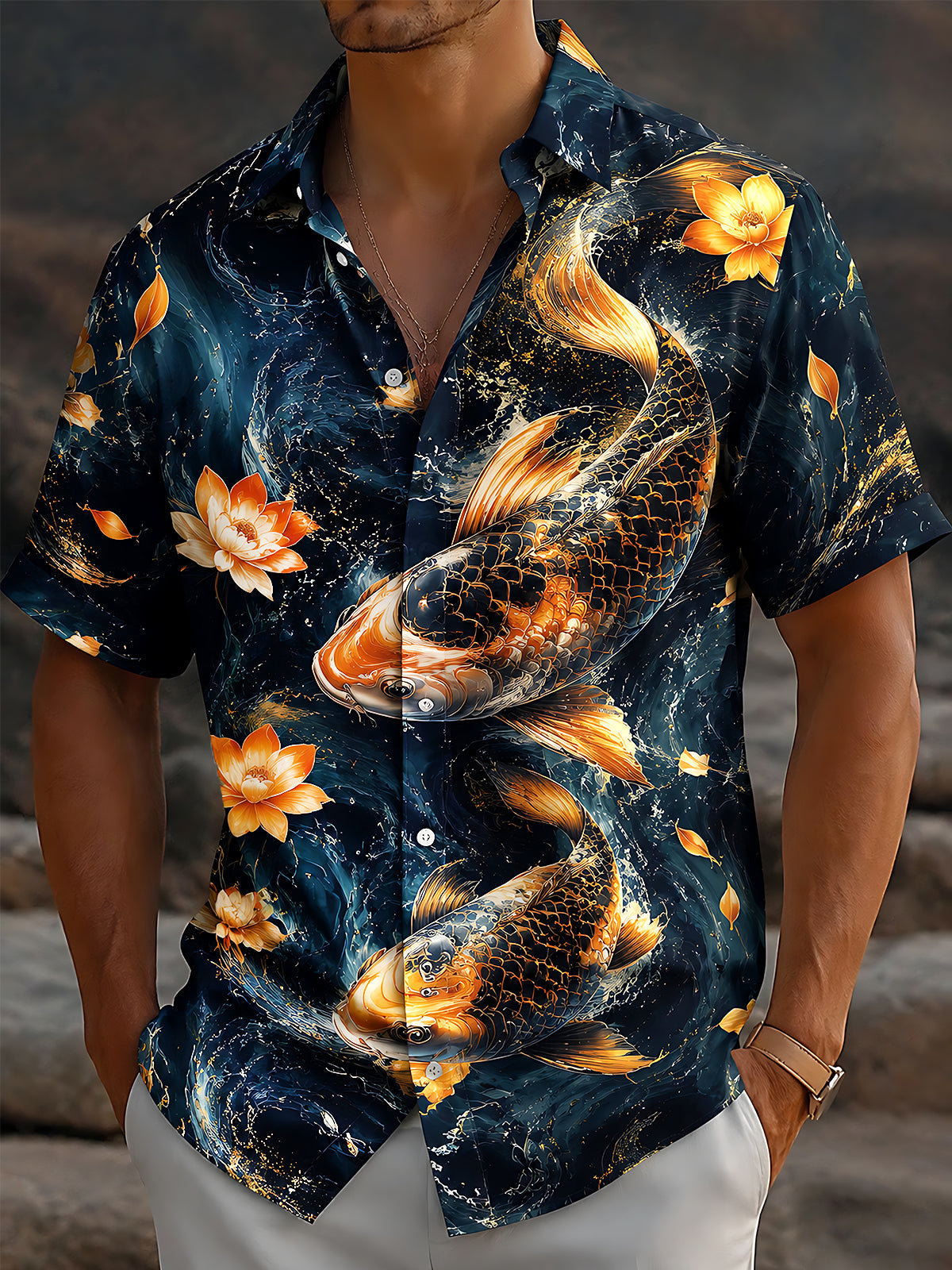 Adaychic Men's Hawaiian Koi Fish Print Lotus Flower Print Short Sleeve Shirt with Chest Pocket