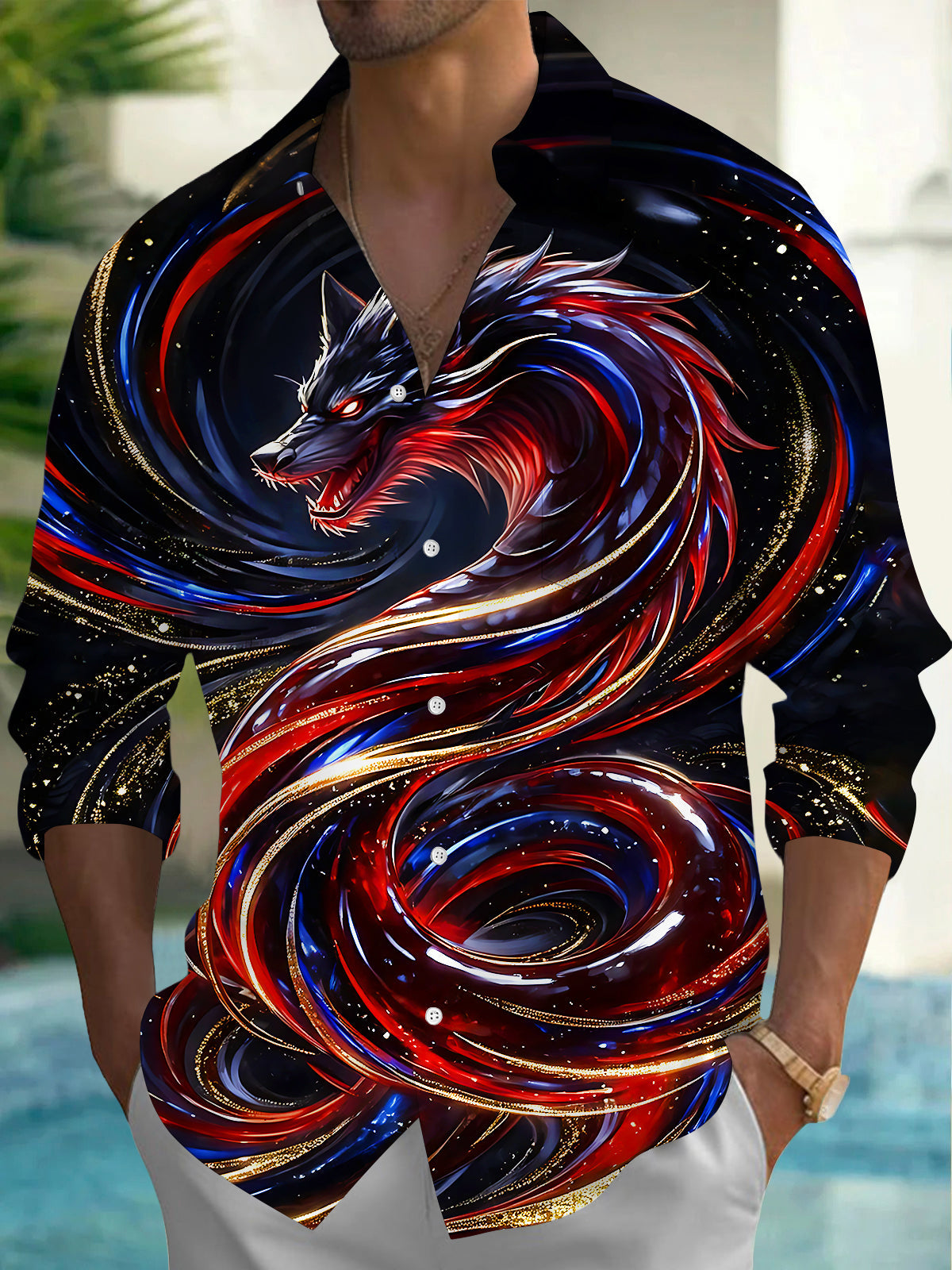 Adaychic Men's Graphic Graphic Print Swirl Pattern Long Sleeve Shirt with Chest Pocket