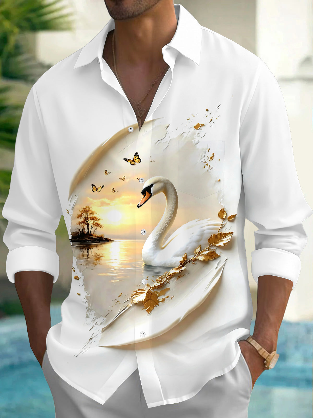 Adaychic Men's Printed Swan Print Butterflies Print Long Sleeve Shirt with Chest Pocket