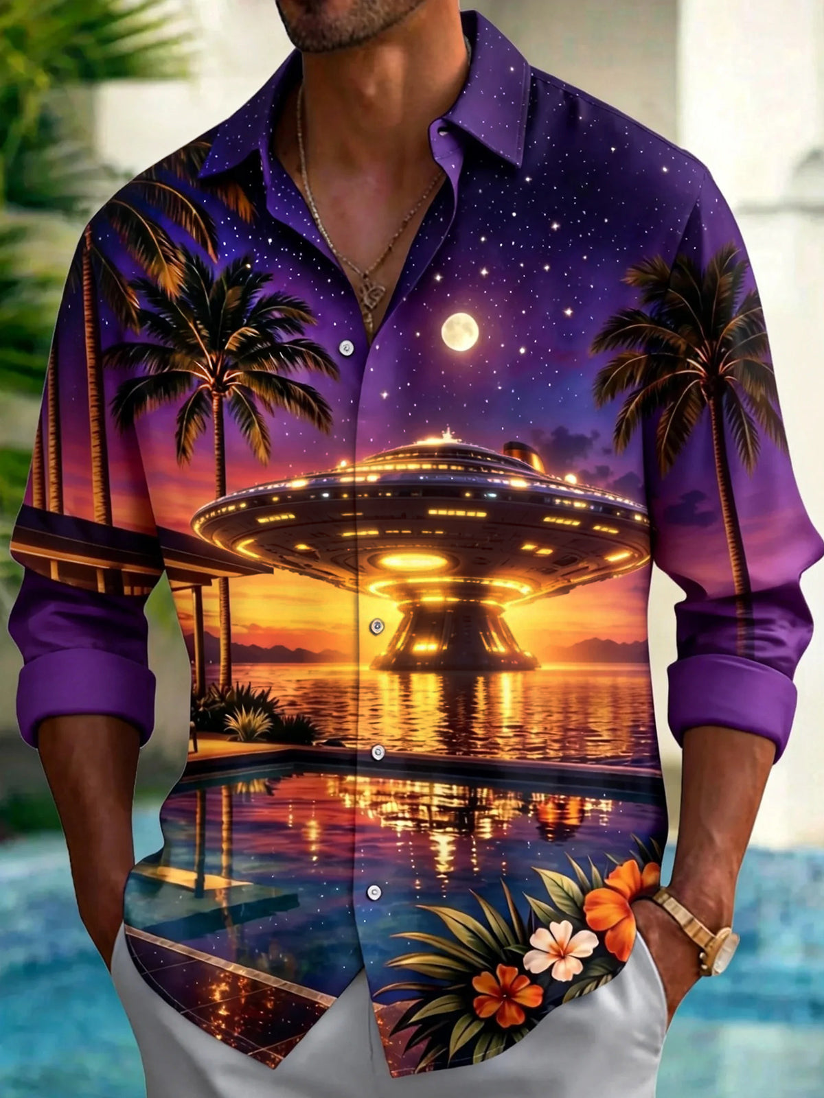 Adaychic Men's Hawaiian UFO Night Sky Print Palm Trees Print Long Sleeve Shirt with Chest Pocket