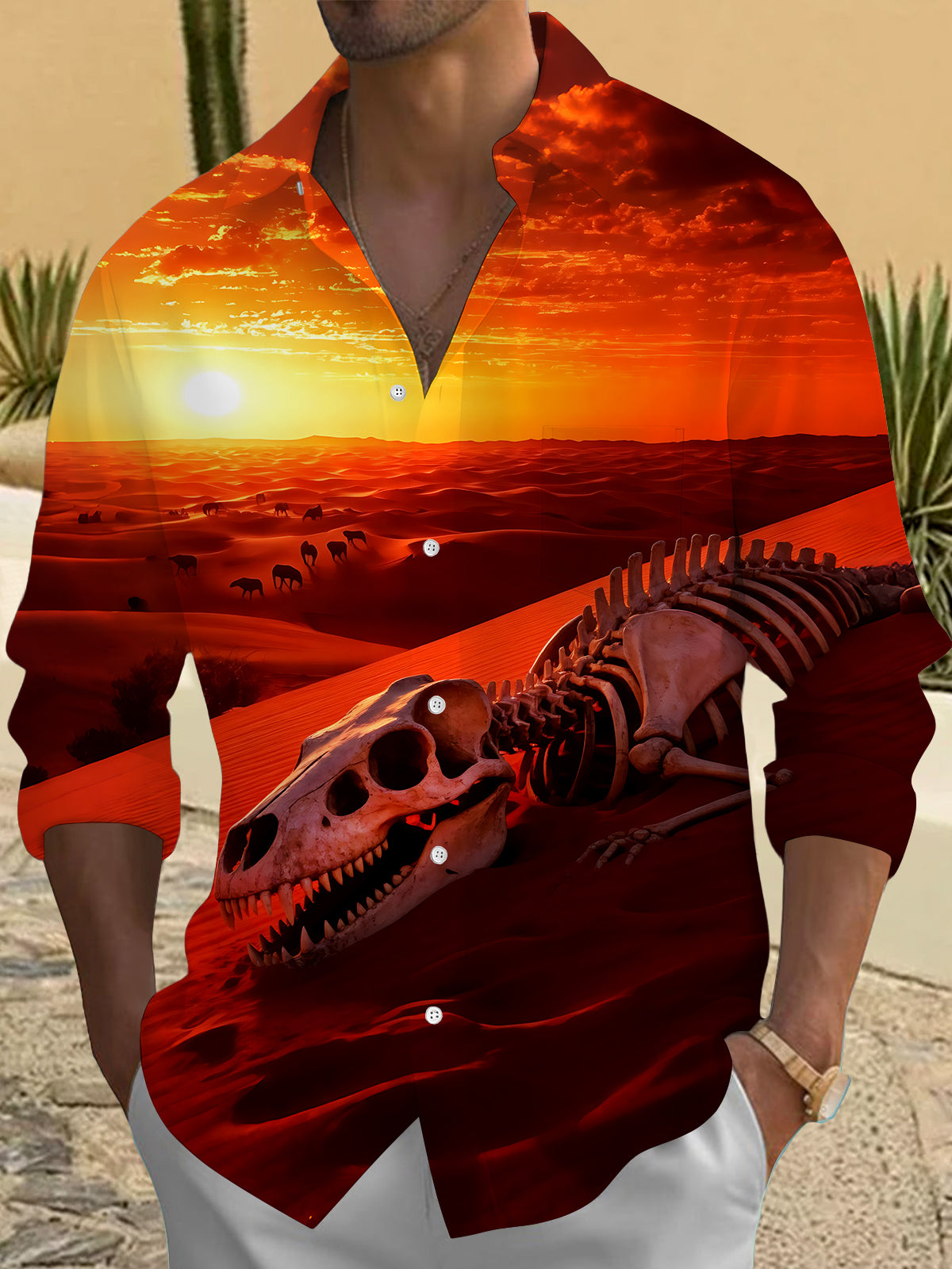 Adaychic Men's Vintage Style Dinosaur Skeleton Print Long Sleeve Shirt with Chest Pocket