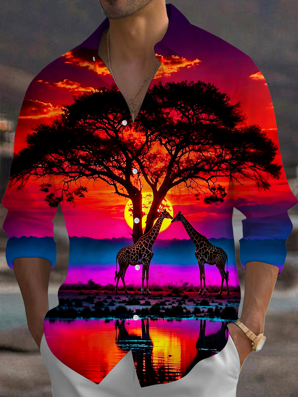 Adaychic Men's Printed Giraffe Sunset Landscape Print Long Sleeve Shirt with Chest Pocket