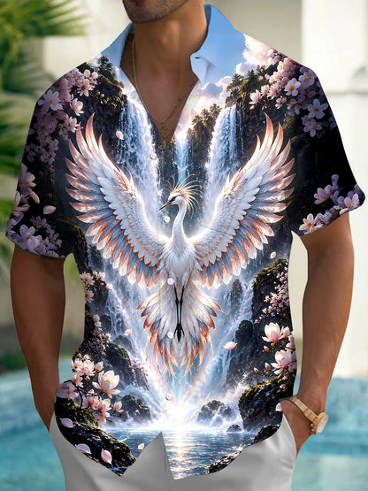Adaychic Men's Hawaiian White Crane Print Short Sleeve Shirt with Chest Pocket
