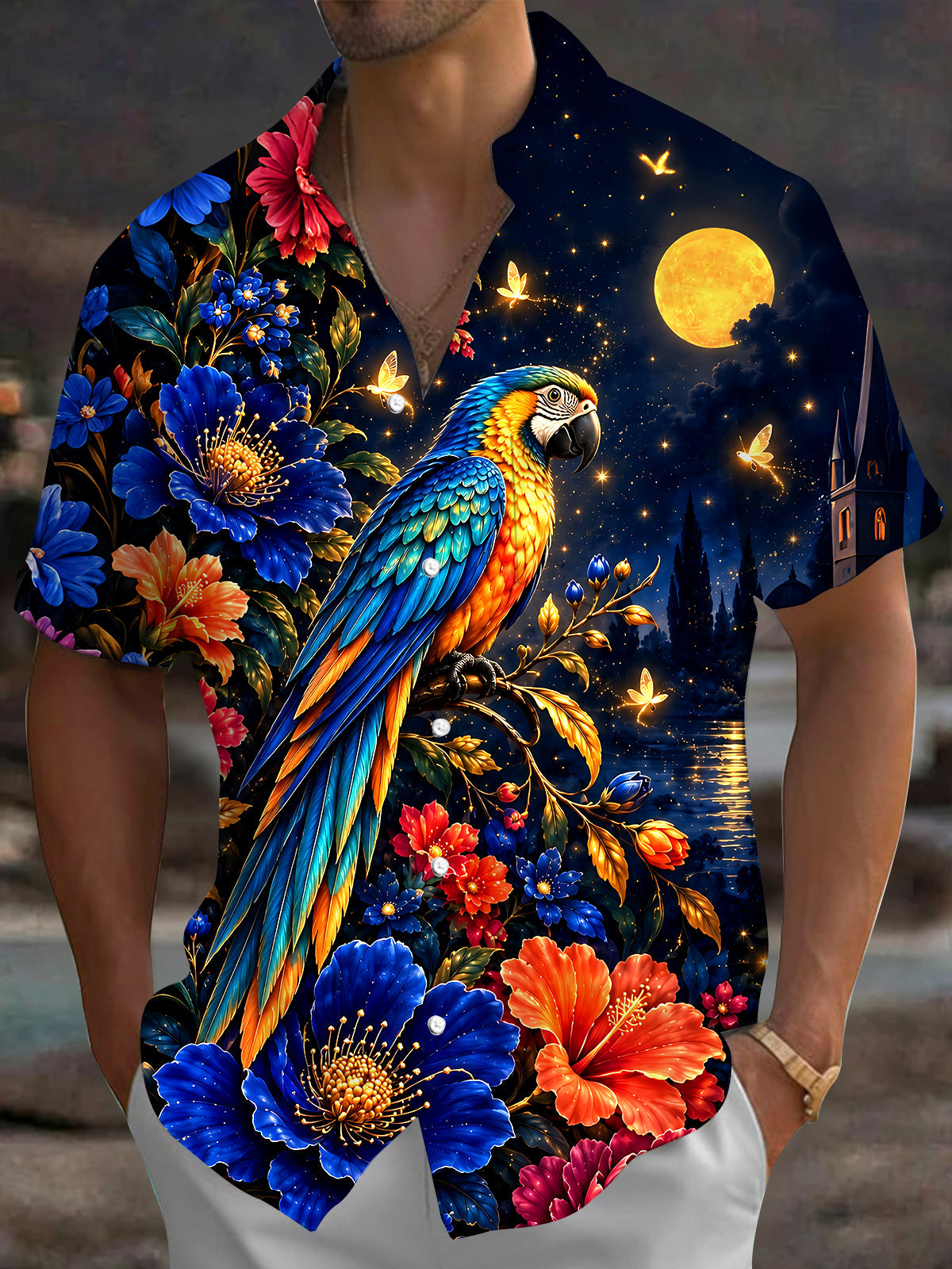 Adaychic Men's Hawaiian Parrot Night Scene Print Short Sleeve Shirt with Chest Pocket