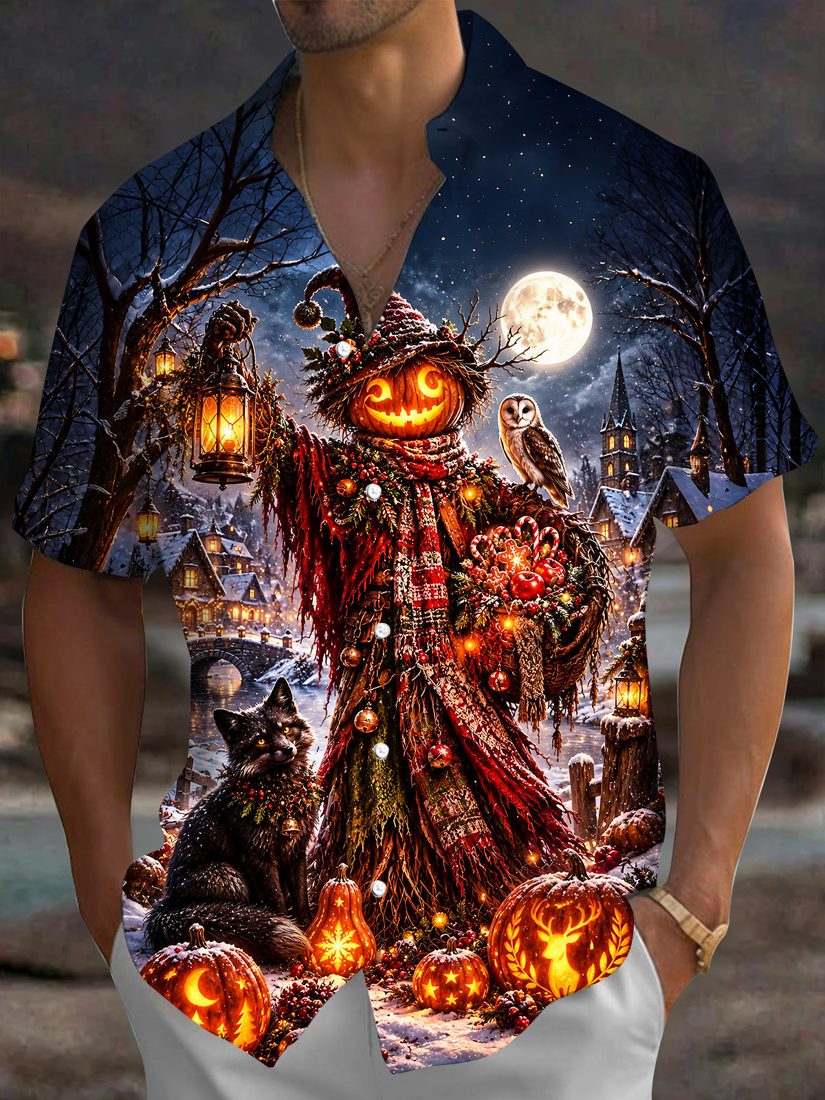 Adaychic Men's Graphic Halloween Scarecrow Print Short Sleeve Shirt with Chest Pocket