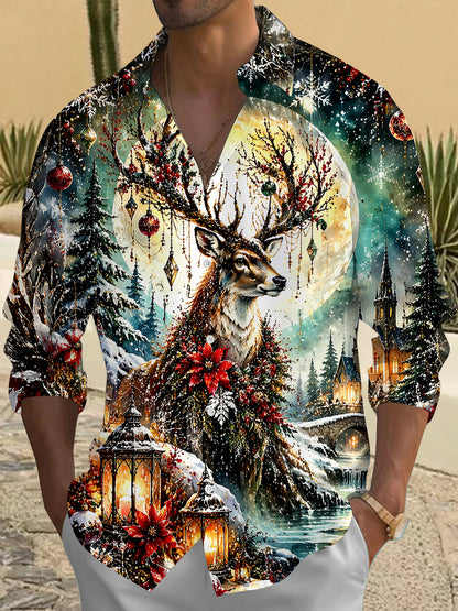 Adaychic Men's Graphic Christmas Elk Print Long Sleeve Shirt with Chest Pocket