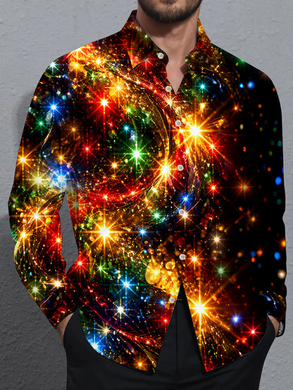 Adaychic Men's Printed Colorful Starburst Lights Print Long Sleeve Shirt with Chest Pocket