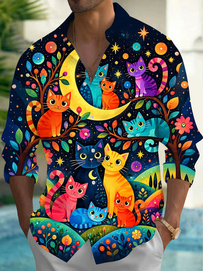 Adaychic Men's Hawaiian Colorful Cats Print Night Sky Print Long Sleeve Shirt with Chest Pocket