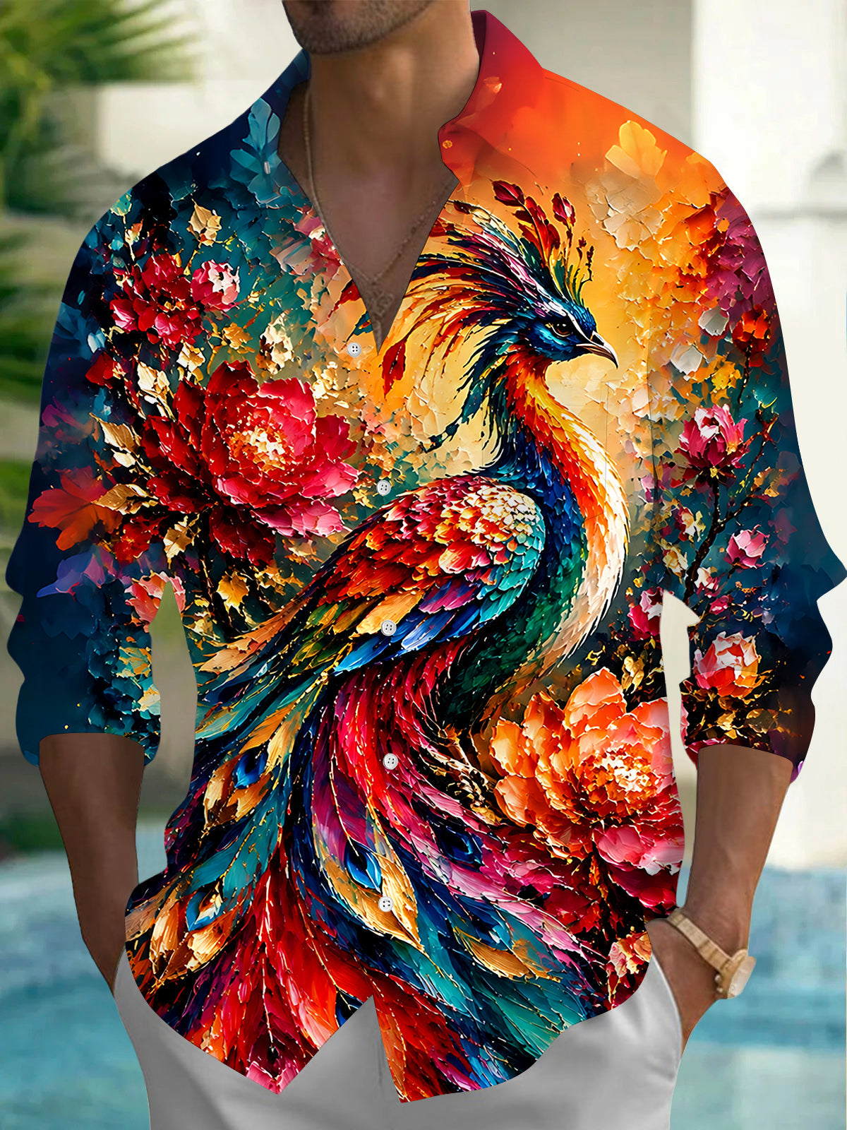 Adaychic Men's Hawaiian Peacock Bird Print Floral Pattern Long Sleeve Shirt with Chest Pocket